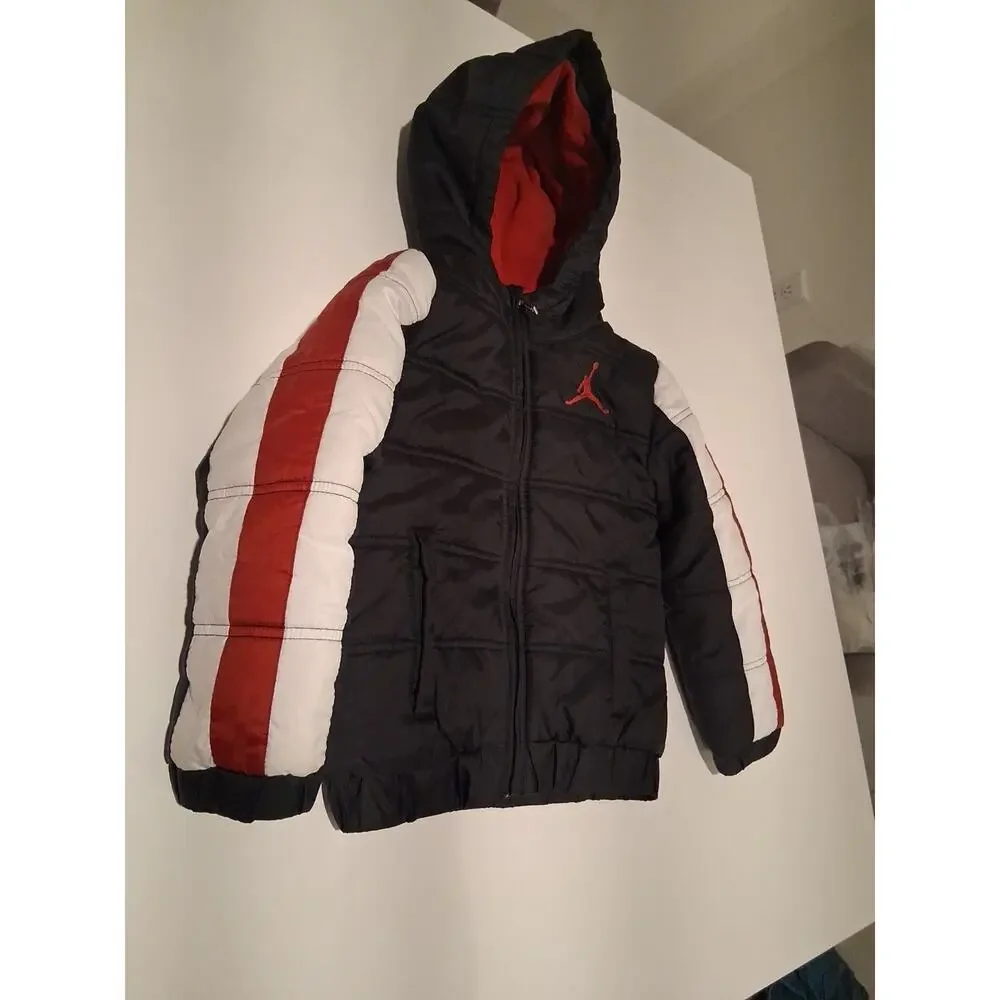 NIKE AIR JORDAN Boys Puffer Jacket XS 4 Black Red White Zip Coat Fleece Lined